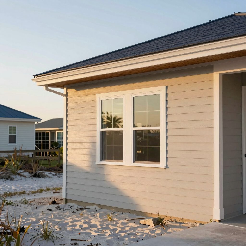 Newly built coastal-style home in Jacksonville with warm sand-toned siding
